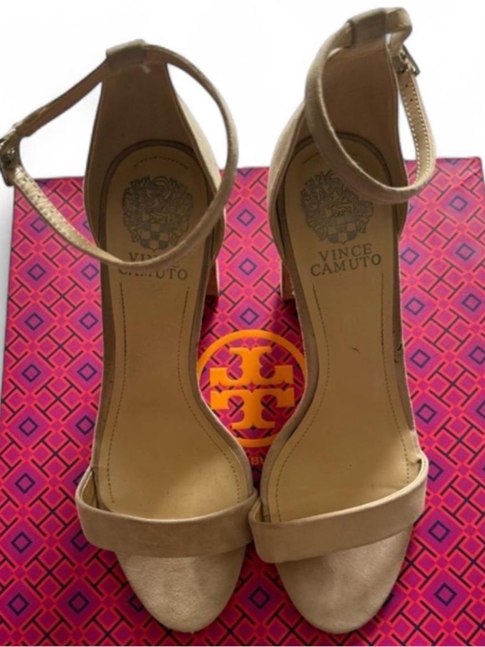 Vince Camuto Nude Suede Open-Toe Ankle-Strap Heels